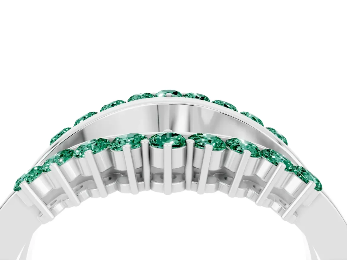 Round Green Sapphire Chevron Contour Band with Prong Setting Silver