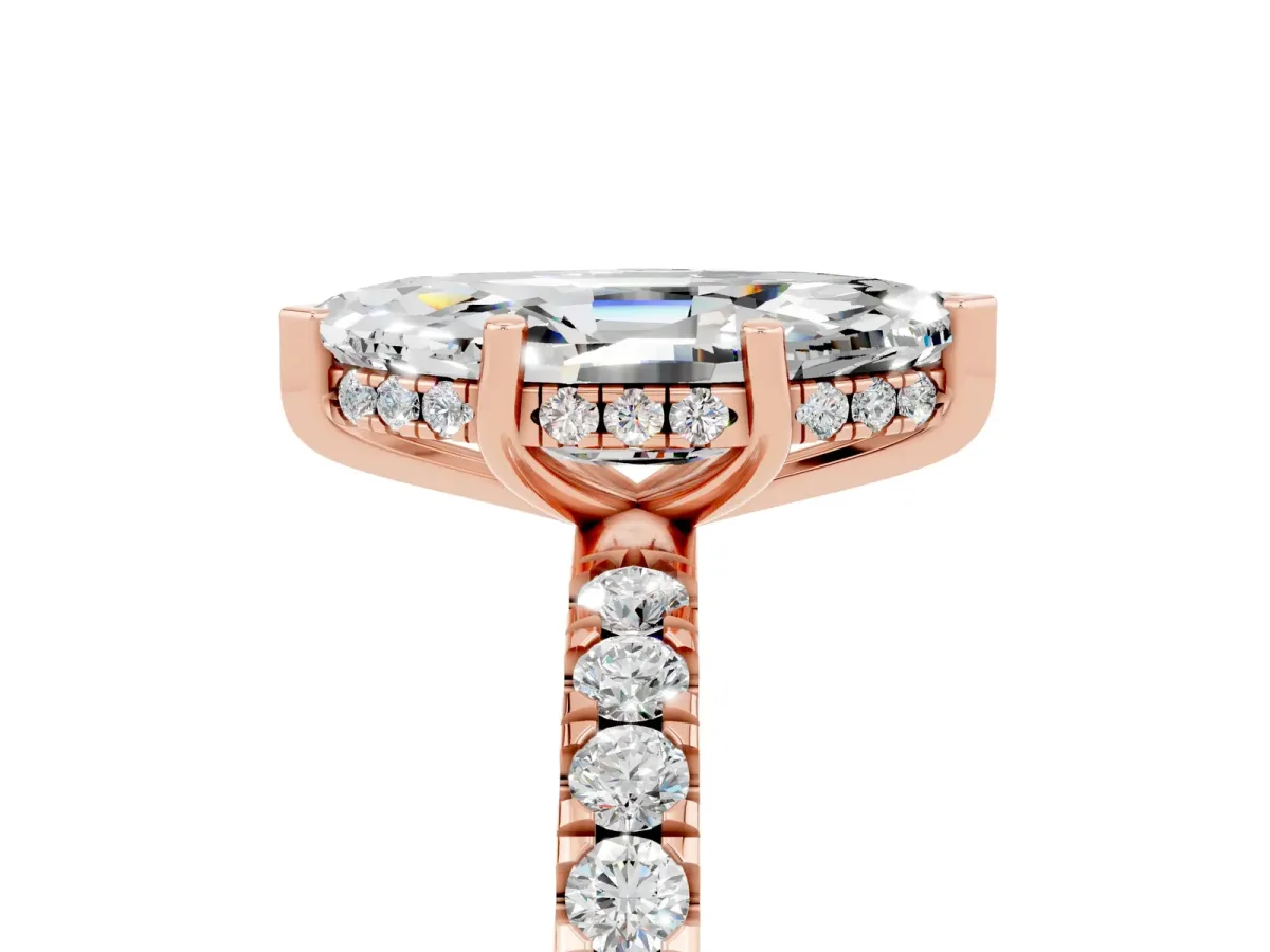 Marquise Cut Moissanite Pave Band Solitaire Ring with Round and Prong Setting Rose gold