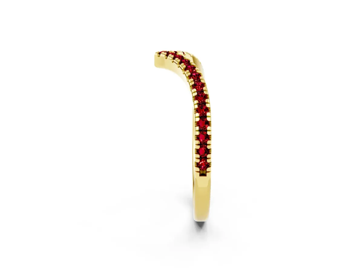 Pavé Round Ruby V-Shaped Chevron Band with Shared Prong Setting Yellow gold