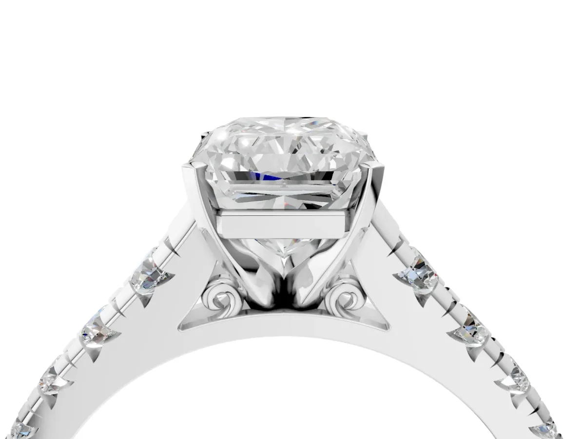 Radiant Cut Diamond Cathedral Solitaire Ring with Round Pavé Band Platinum