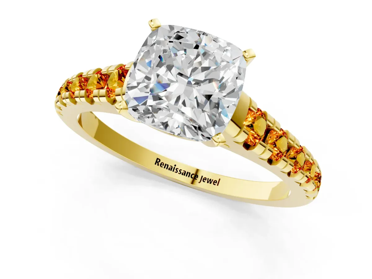 Cushion Cut Diamond Cathedral Solitaire Ring with Round Citrine Pavé Band Yellow gold