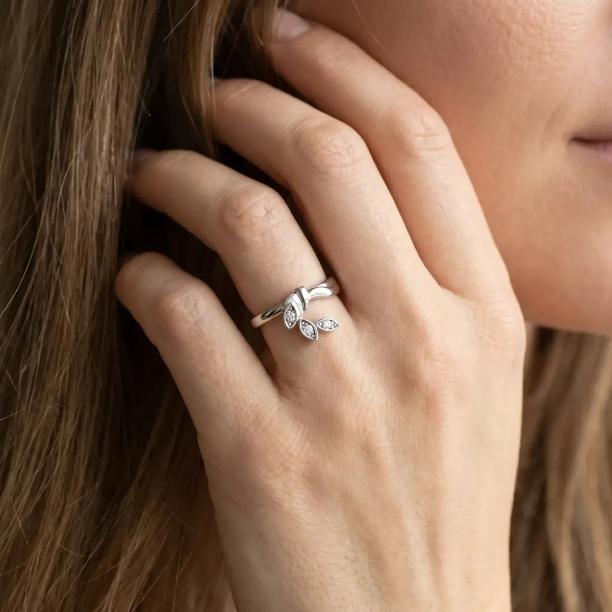 Three-Stone Round Diamond Leaf Bypass Ring with Bezel Setting White gold