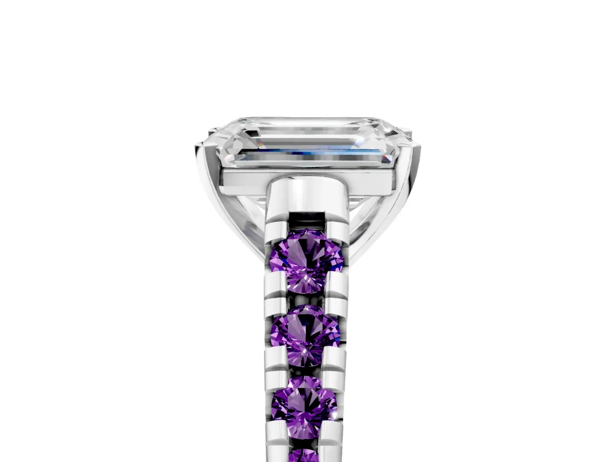 Emerald Cut Diamond Cathedral Solitaire Ring with Round Amethyst Pavé Band Silver