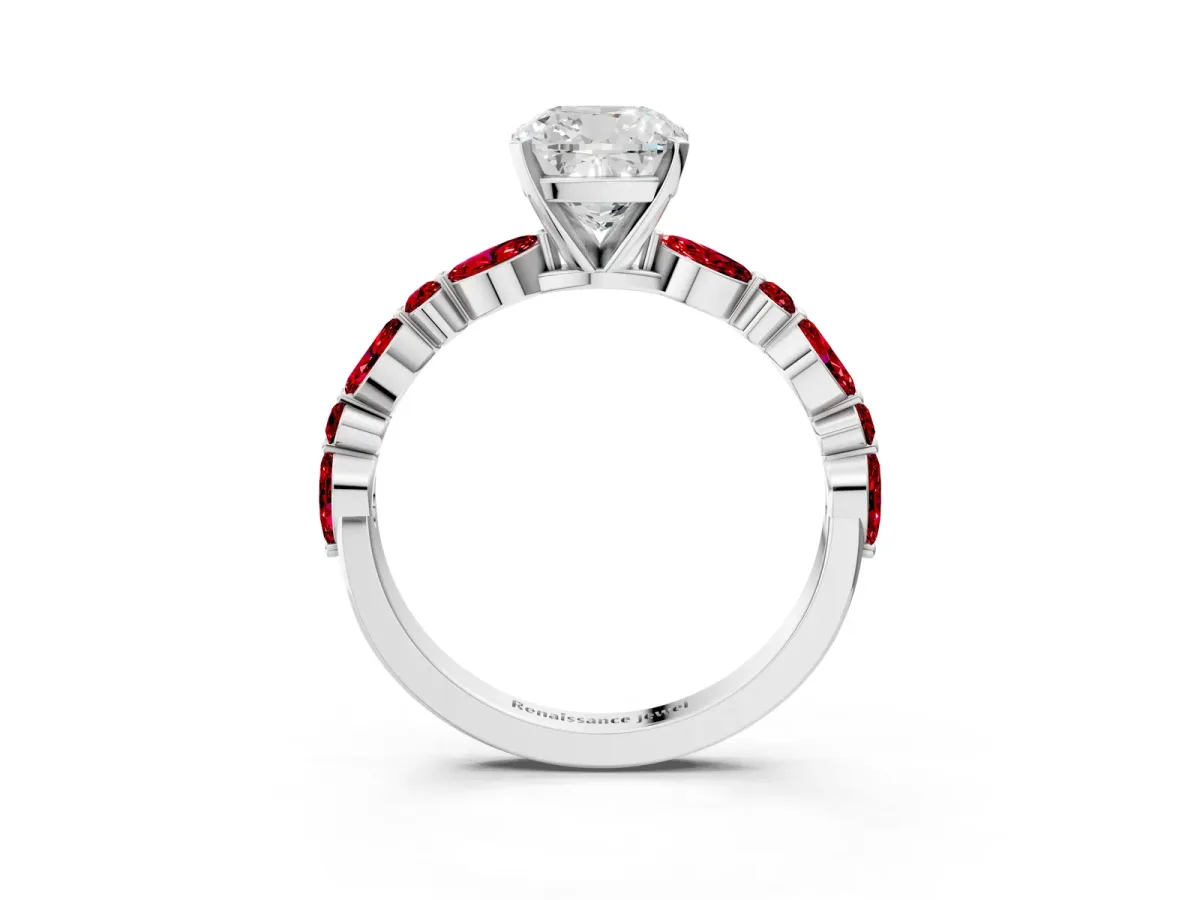 Cushion Cut Diamond Ring with Marquise and Round Ruby Side Stones and Four-Prong Setting Silver