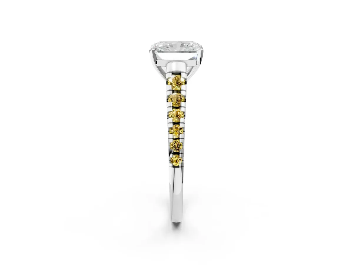 Radiant Cut Diamond Cathedral Solitaire Ring with Round Yellow Sapphire Pavé Band Silver