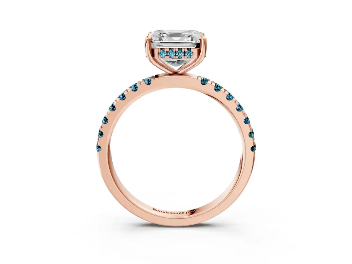 Asscher Cut Diamond Pave Band Solitaire Ring with Round Blue Topaz and Prong Setting Rose gold