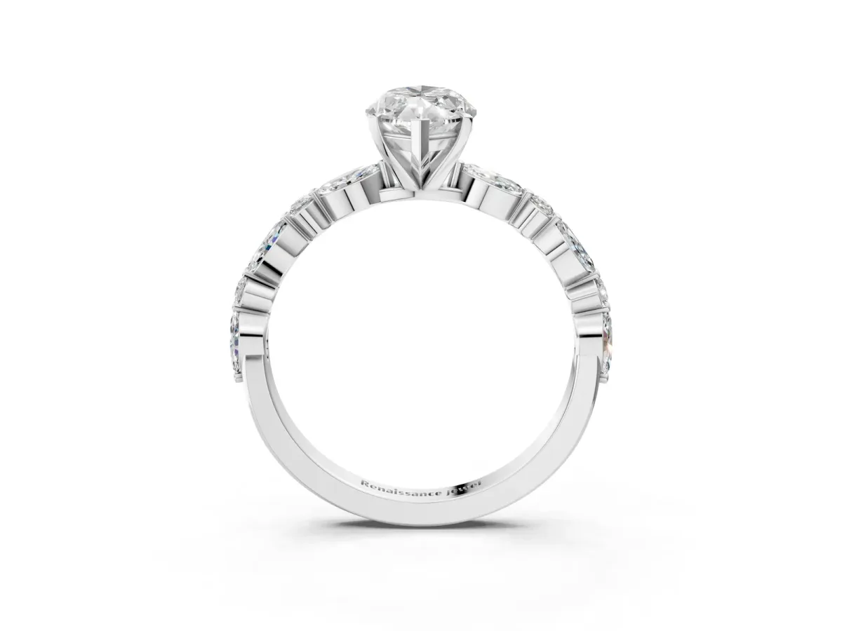 Marquise Cut Diamond Ring with Marquise and Round Side Stones and Four-Prong Setting Silver