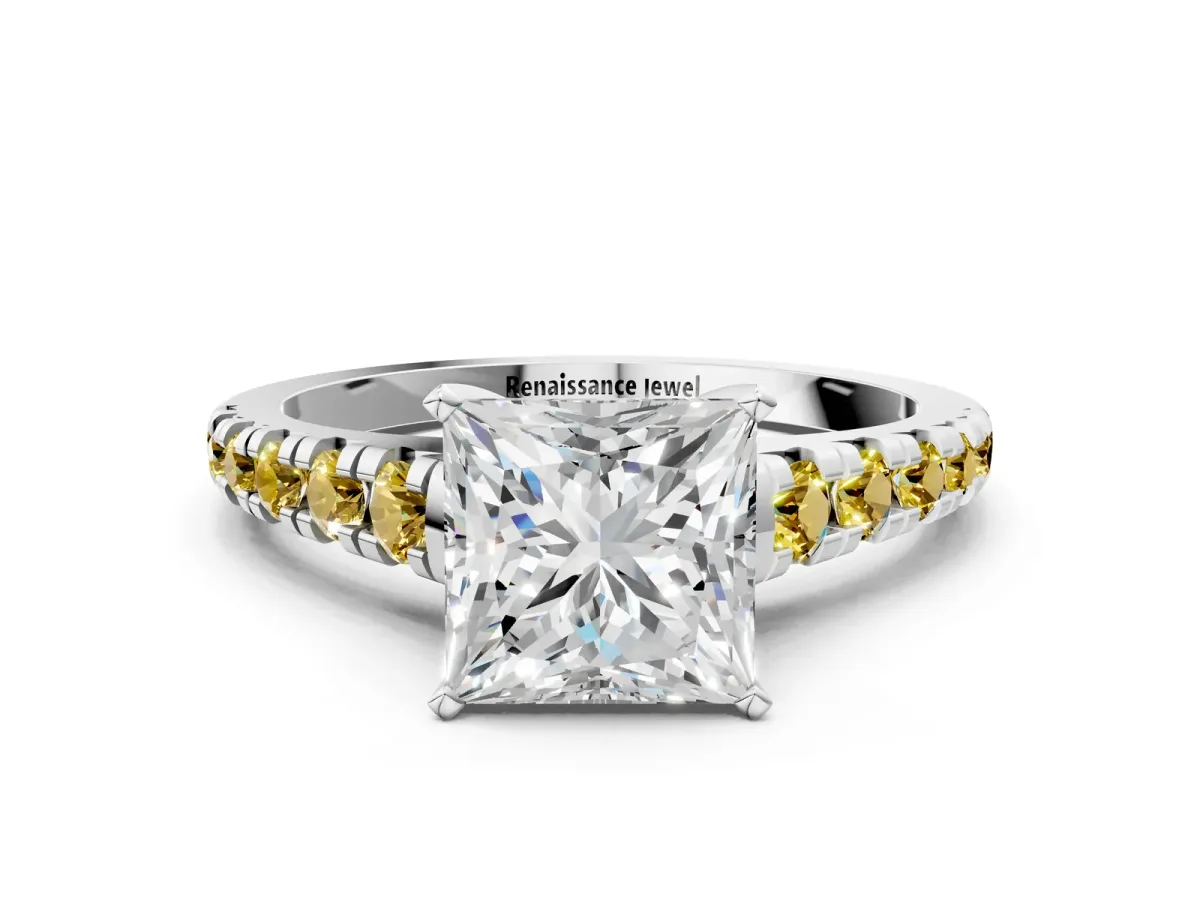 Princess Cut Diamond Cathedral Solitaire Ring with Round Yellow Sapphire Pavé Band Silver