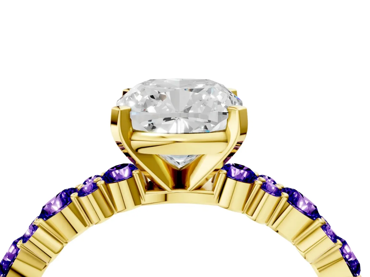 Cushion Cut Diamond Side Stone Solitaire Ring with Round Tanzanite and Four-Prong Setting Yellow gold