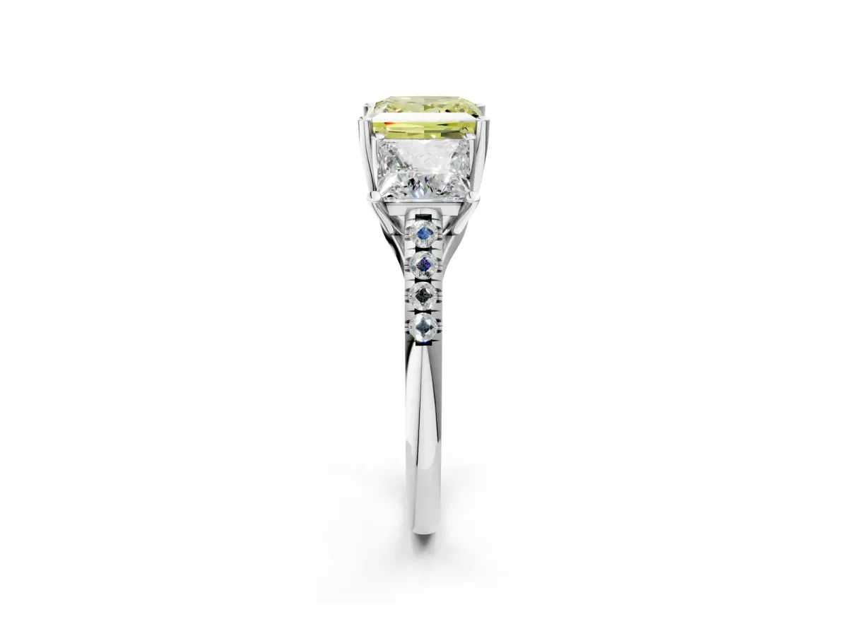 Fancy Yellow Three-Stone Princess Cut Diamond Ring with Round Pavé Band and Prong Setting Platinum