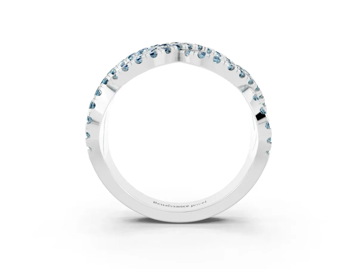Pavé Round Aquamarine Infinity Twist Band with Shared Prong Setting Silver