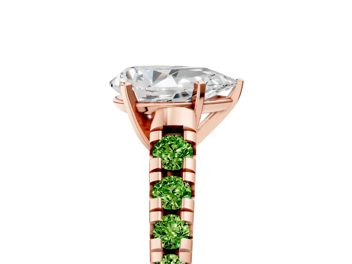 Pear Cut Diamond Cathedral Solitaire Ring with Round Peridot Pavé Band Rose gold