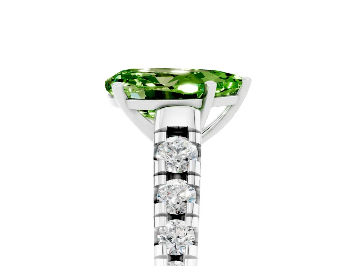 Pear Cut Peridot Cathedral Solitaire Ring with Round Pavé Band White gold
