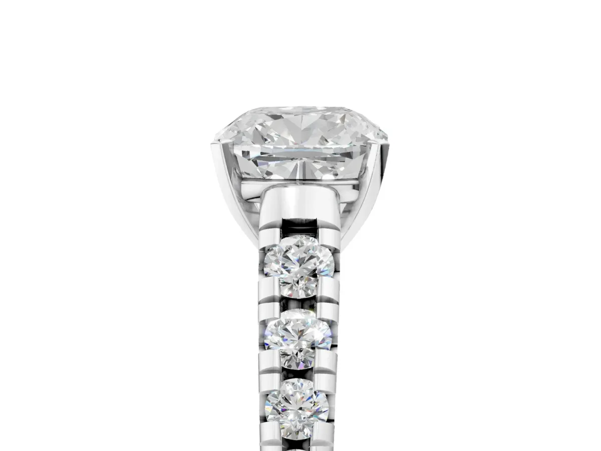 Cushion Cut Diamond Cathedral Solitaire Ring with Round Pavé Band Platinum
