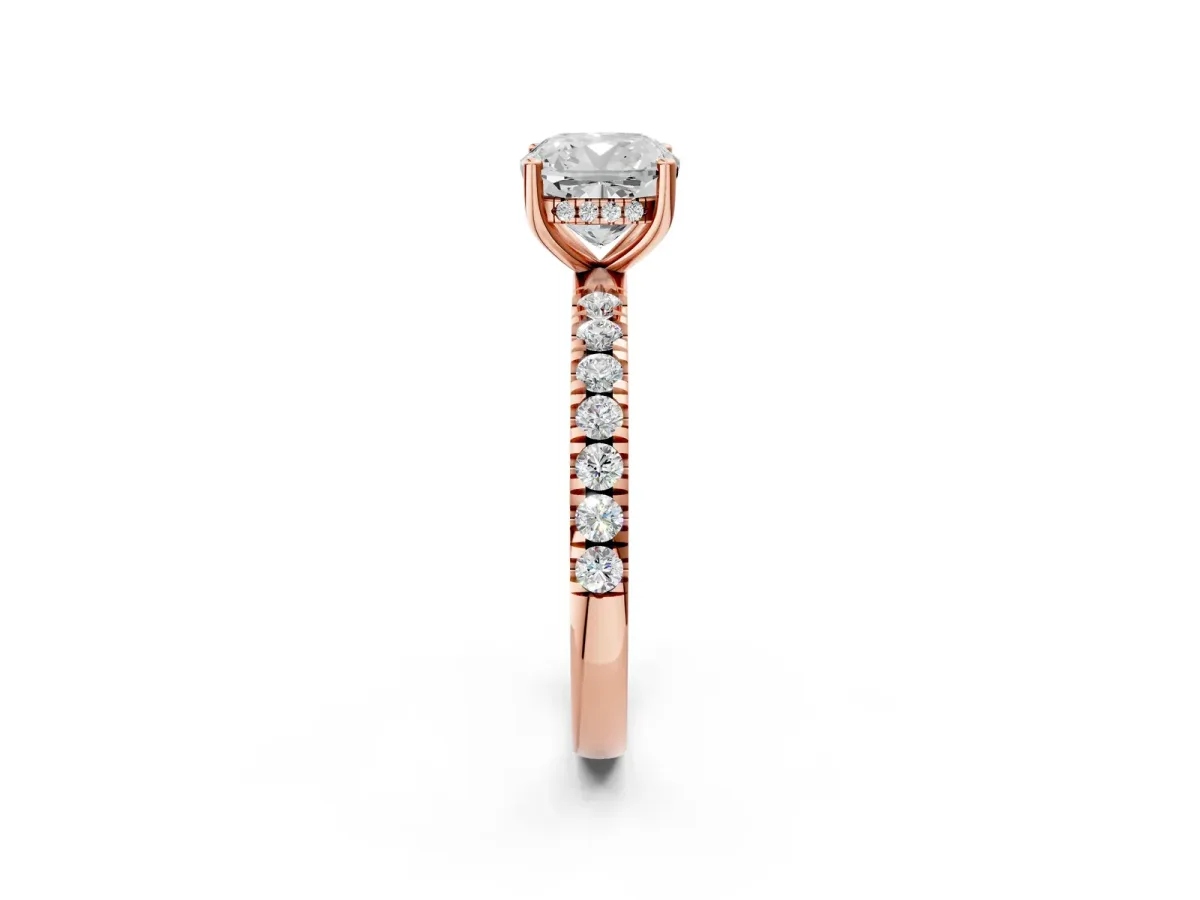 Cushion Cut Diamond Pave Band Solitaire Ring with Round Moissanite and Prong Setting Rose gold