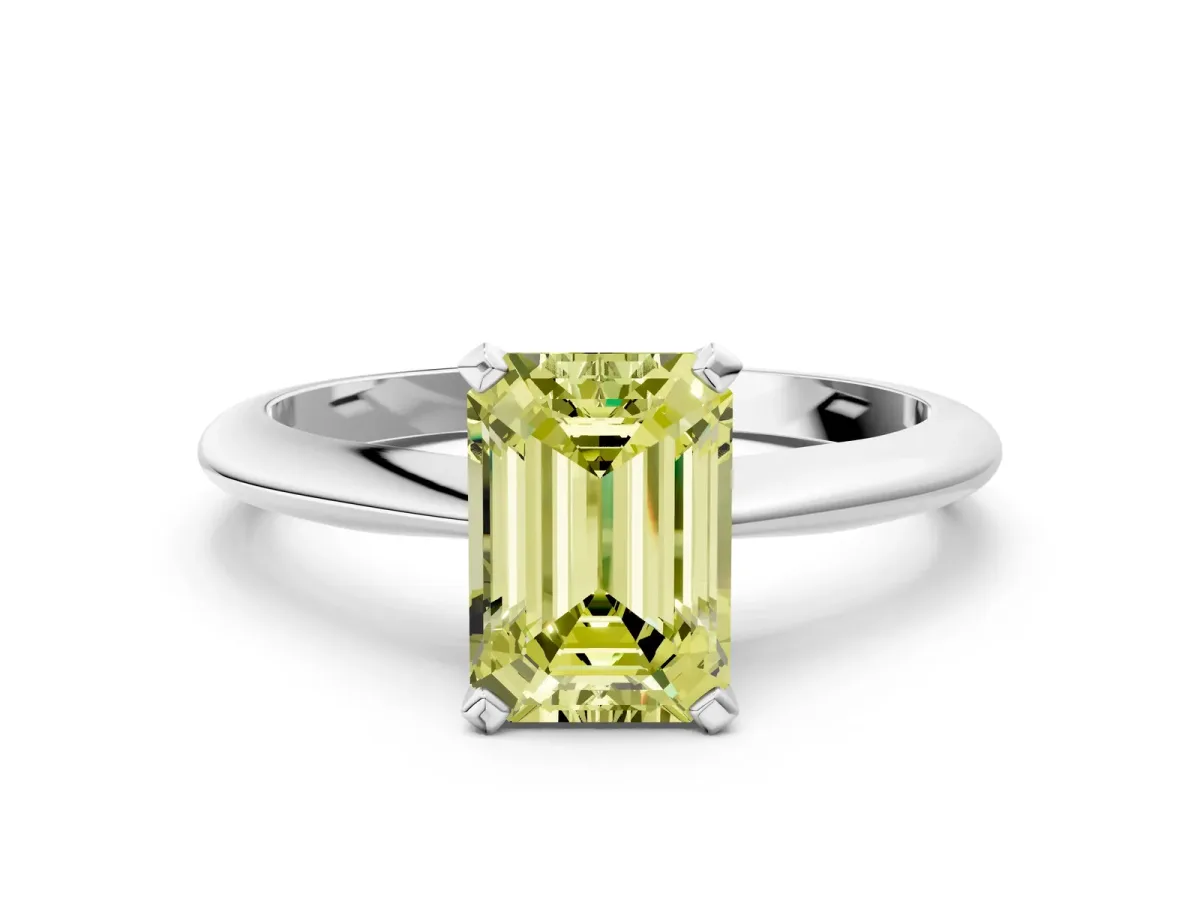 Fancy Yellow Emerald Cut Diamond Solitaire Engagement Ring with Classic Band and Four-Prong Setting White gold