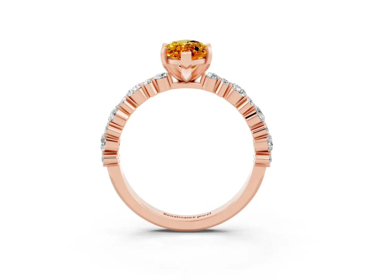 Marquise Cut Citrine Side Stone Solitaire Ring with Round and Four-Prong Setting Rose gold