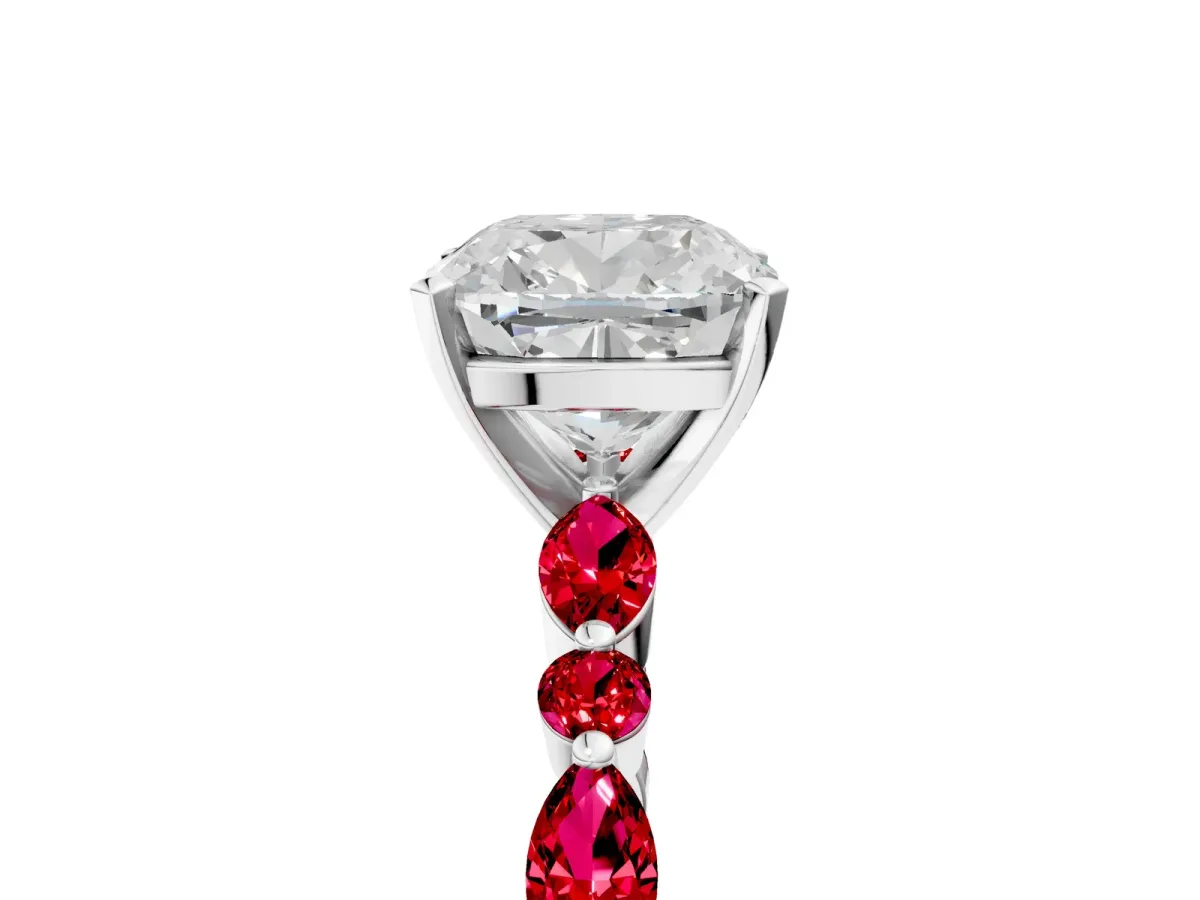 Cushion Cut Diamond Ring with Marquise and Round Ruby Side Stones and Four-Prong Setting Silver