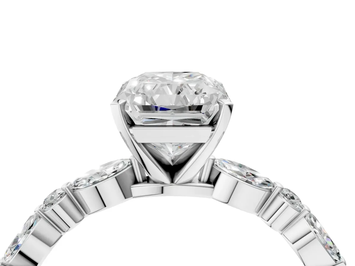 Radiant Cut Diamond Ring with Marquise and Round Moissanite Side Stones and Four-Prong Setting Platinum
