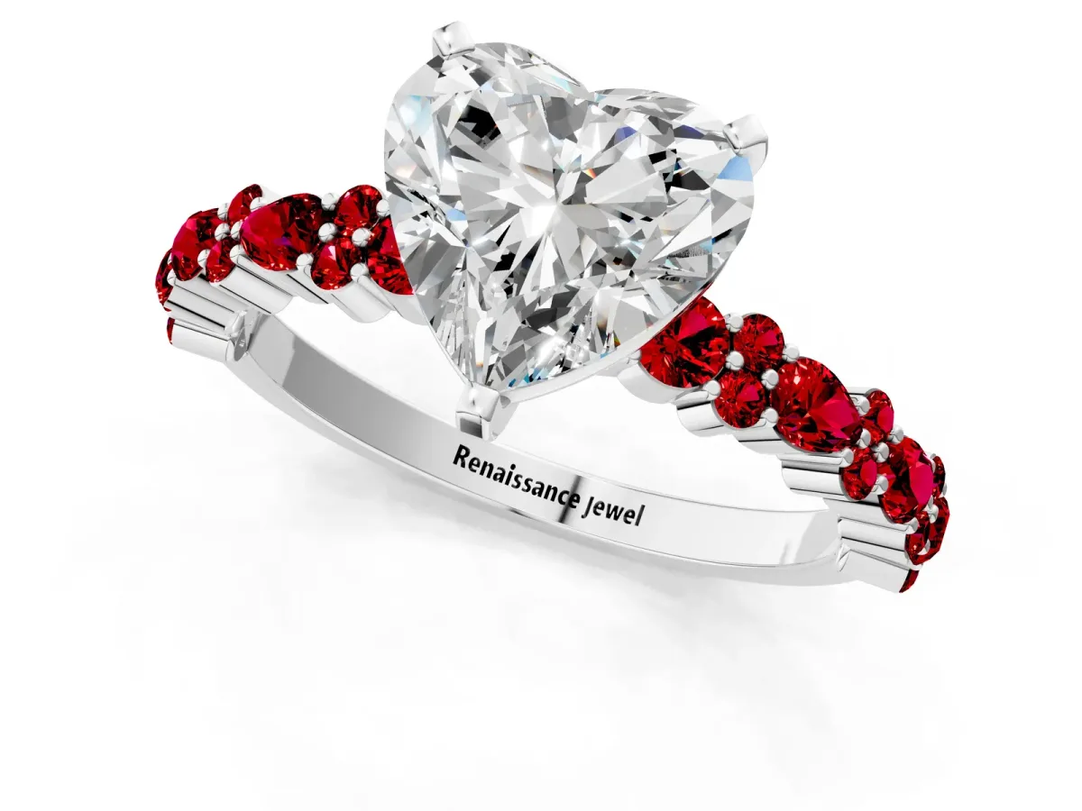 Heart Cut Diamond Side Stone Solitaire Ring with Round Ruby and Four-Prong Setting Platinum