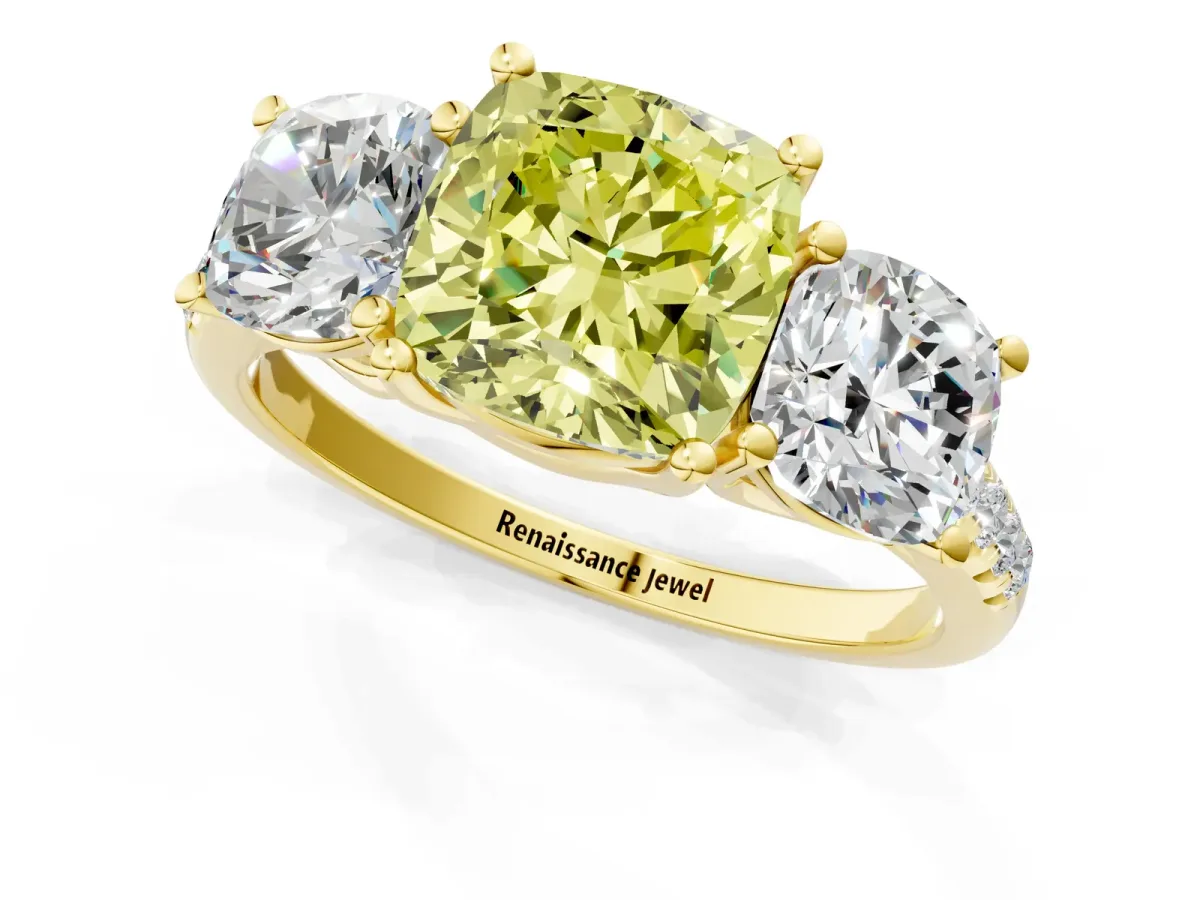 Fancy Yellow Three-Stone Cushion Cut Diamond Ring with Round Pavé Band and Prong Setting Yellow gold