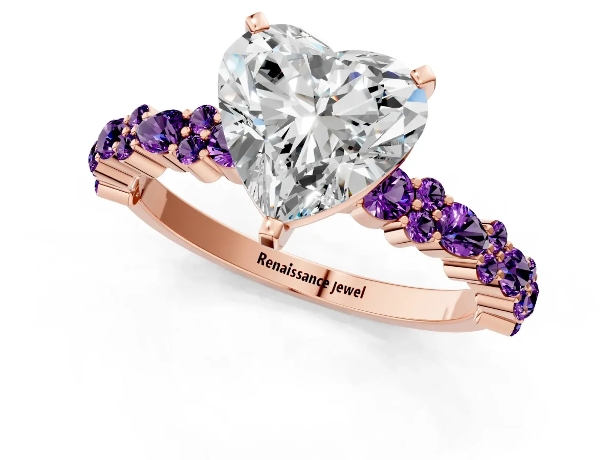 Heart Cut Diamond Side Stone Solitaire Ring with Round Amethyst and Four-Prong Setting Rose gold