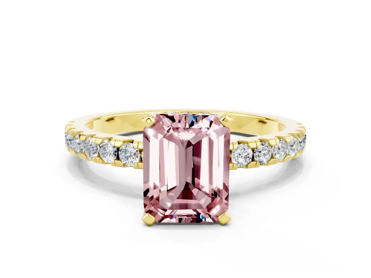 Emerald Cut Morganite Solitaire Ring with Round Pavé Band and Four-Prong Setting Yellow gold