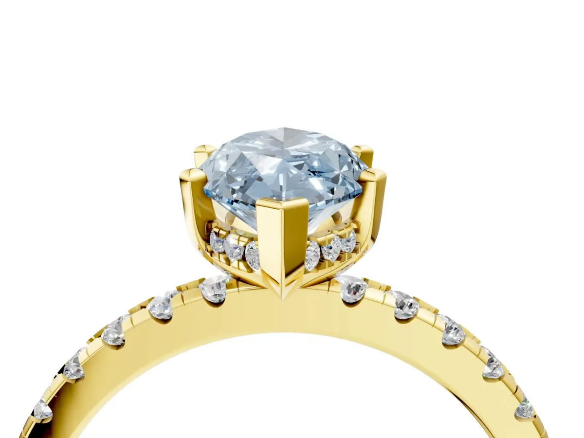 Fancy Blue Marquise Cut Diamond Solitaire Ring with Round Pavé Band and Four-Prong Setting Yellow gold