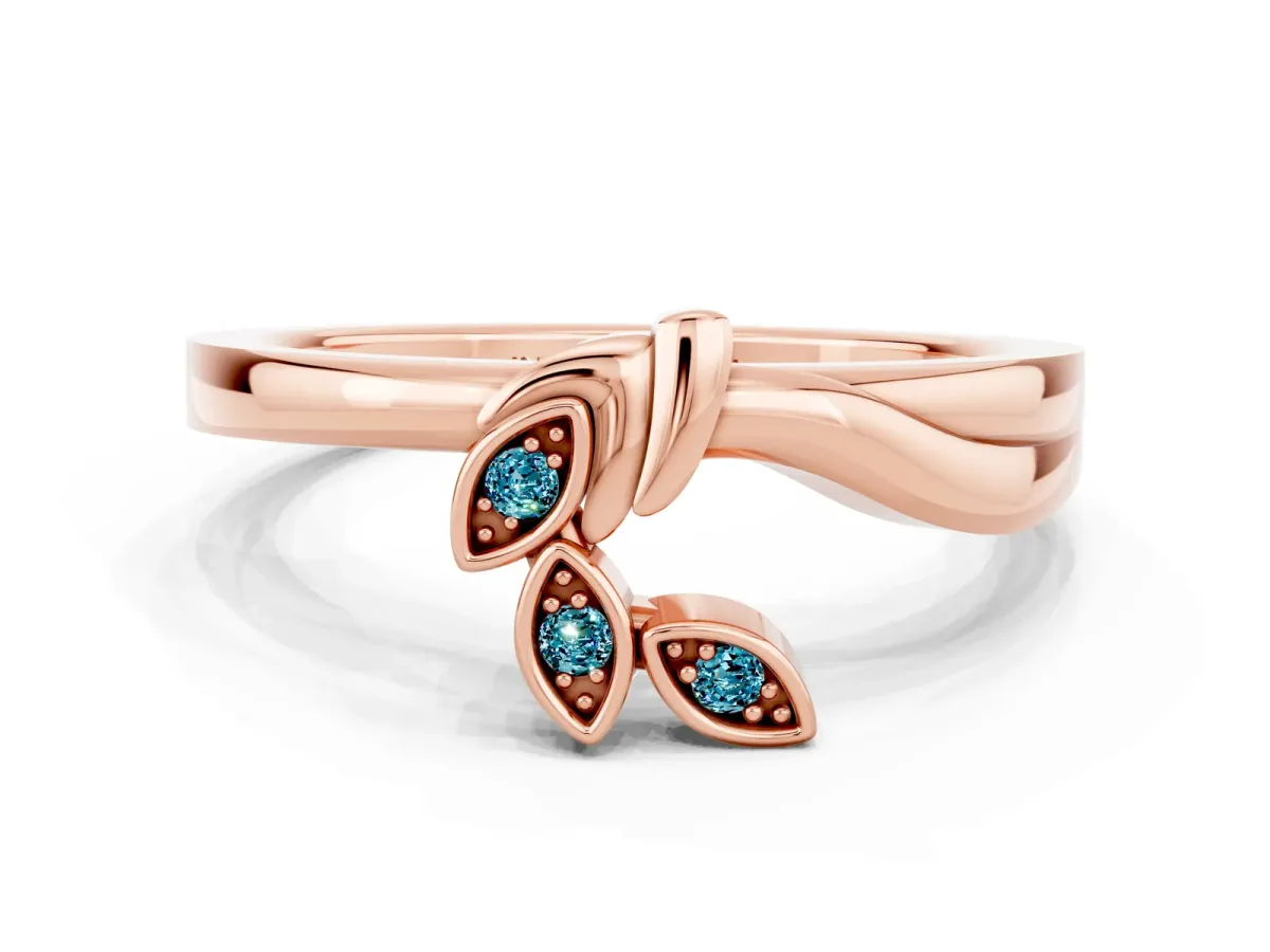 Three-Stone Round Blue Topaz Leaf Bypass Ring with Bezel Setting Rose gold