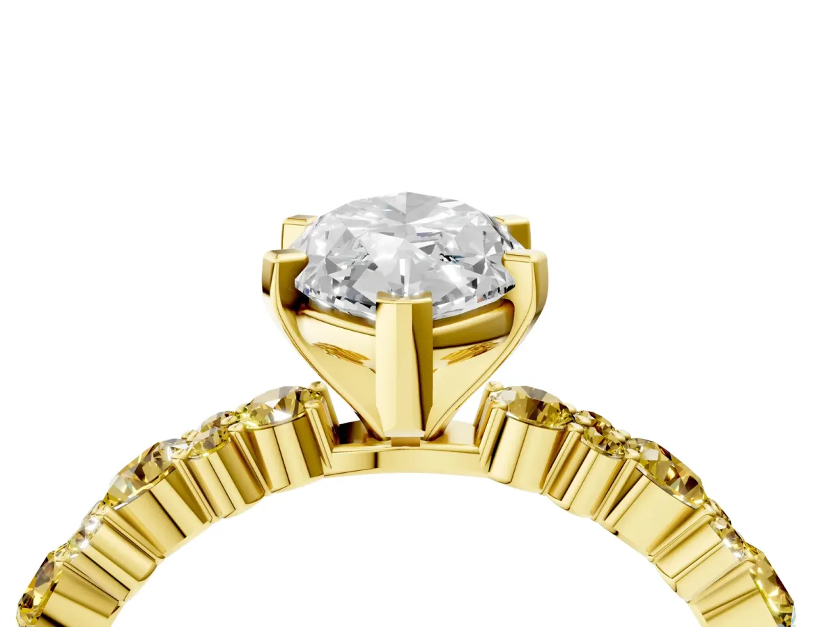 Marquise Cut Diamond Side Stone Solitaire Ring with Round Yellow Sapphire and Four-Prong Setting Yellow gold