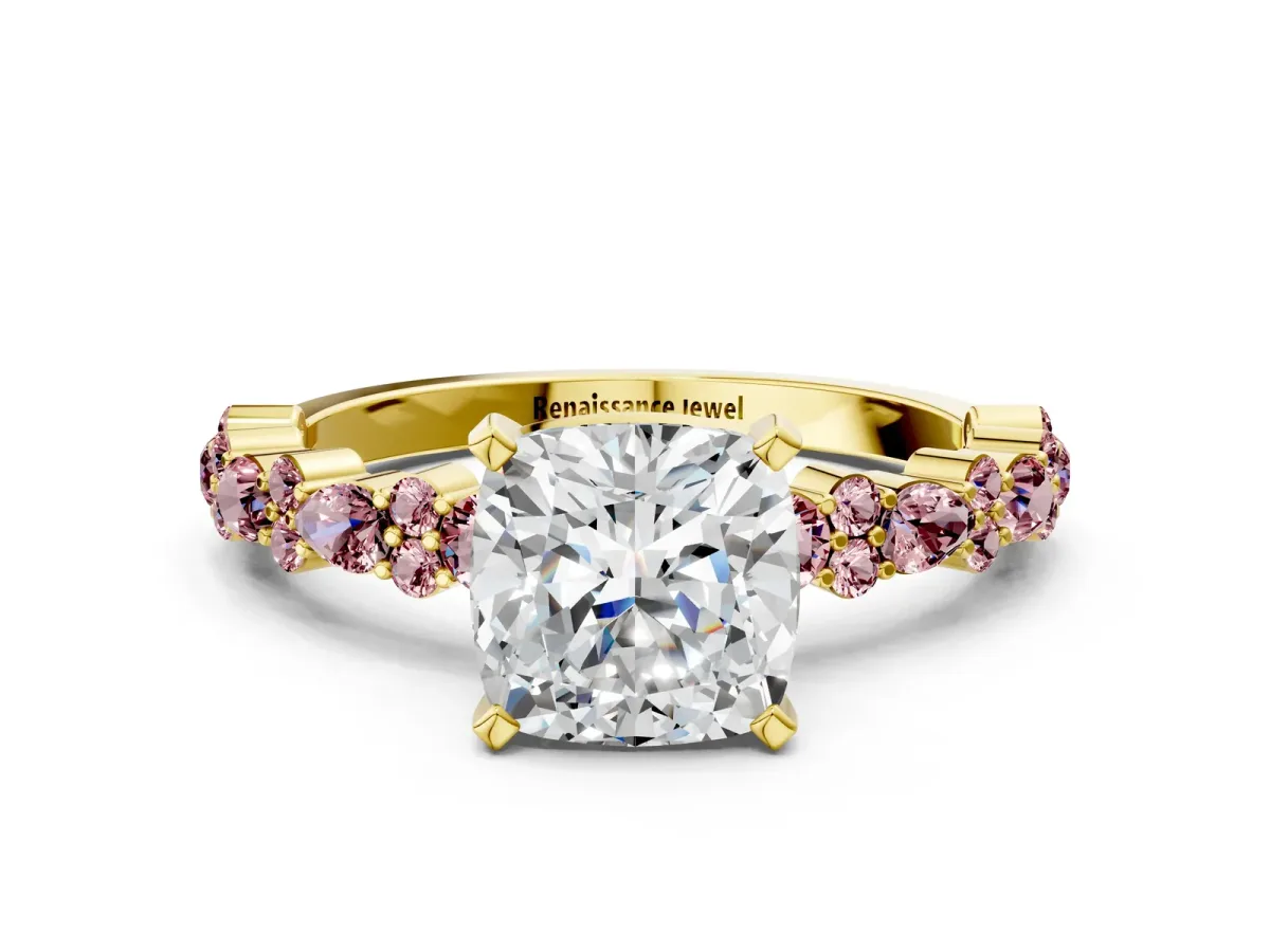 Cushion Cut Diamond Side Stone Solitaire Ring with Round Morganite and Four-Prong Setting Yellow gold