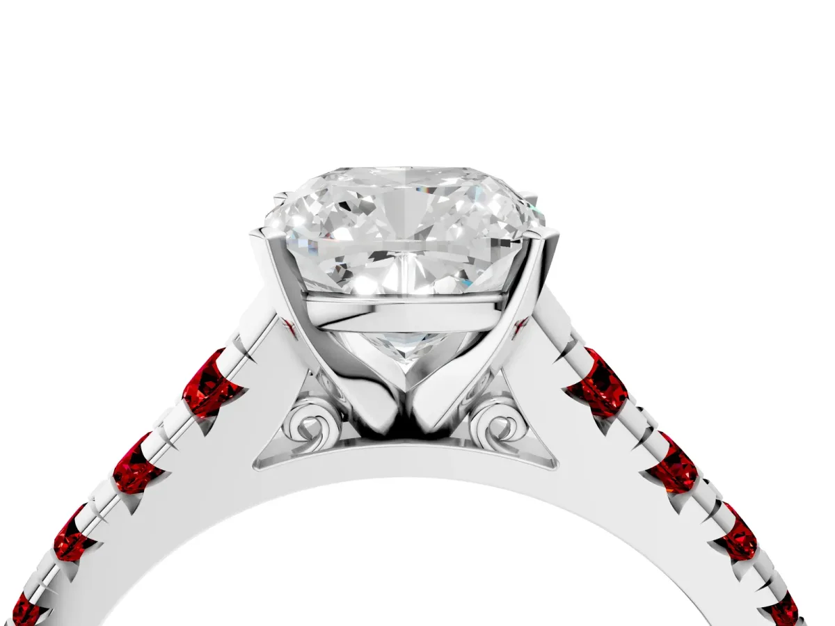 Cushion Cut Diamond Cathedral Solitaire Ring with Round Ruby Pavé Band Platinum