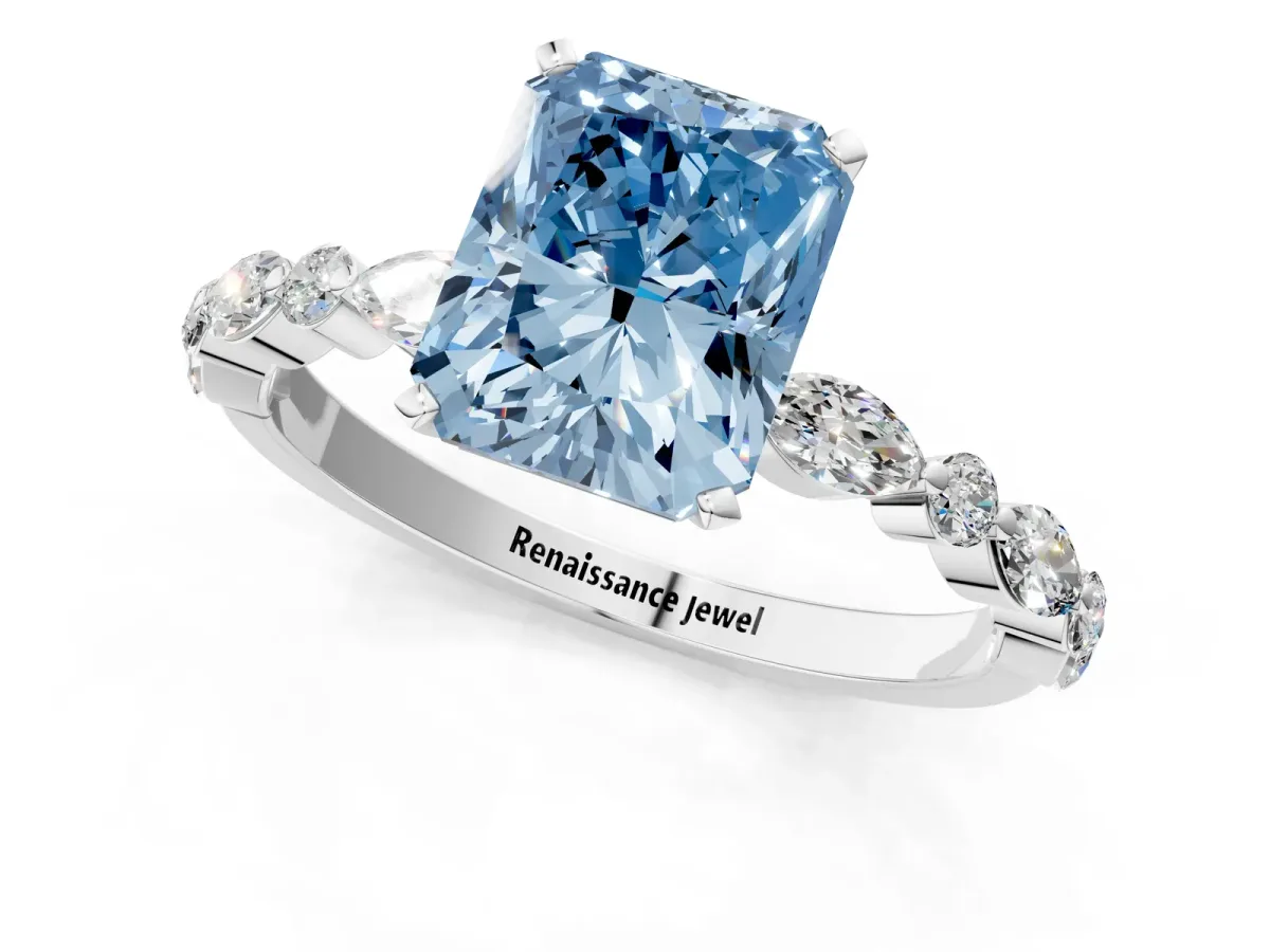 Fancy Blue Radiant Cut Diamond Ring with Marquise and Round Side Stones and Four-Prong Setting Silver