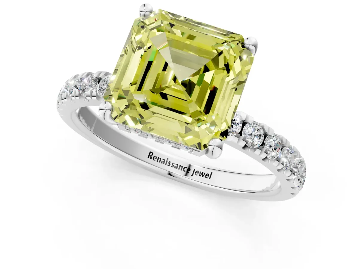 Fancy Yellow Asscher Cut Diamond Pave Band Solitaire Ring with Round and Prong Setting White gold