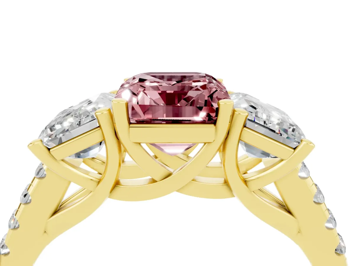 Three-Stone Emerald Cut Morganite Ring with Round Pavé Band and Prong Setting Yellow gold