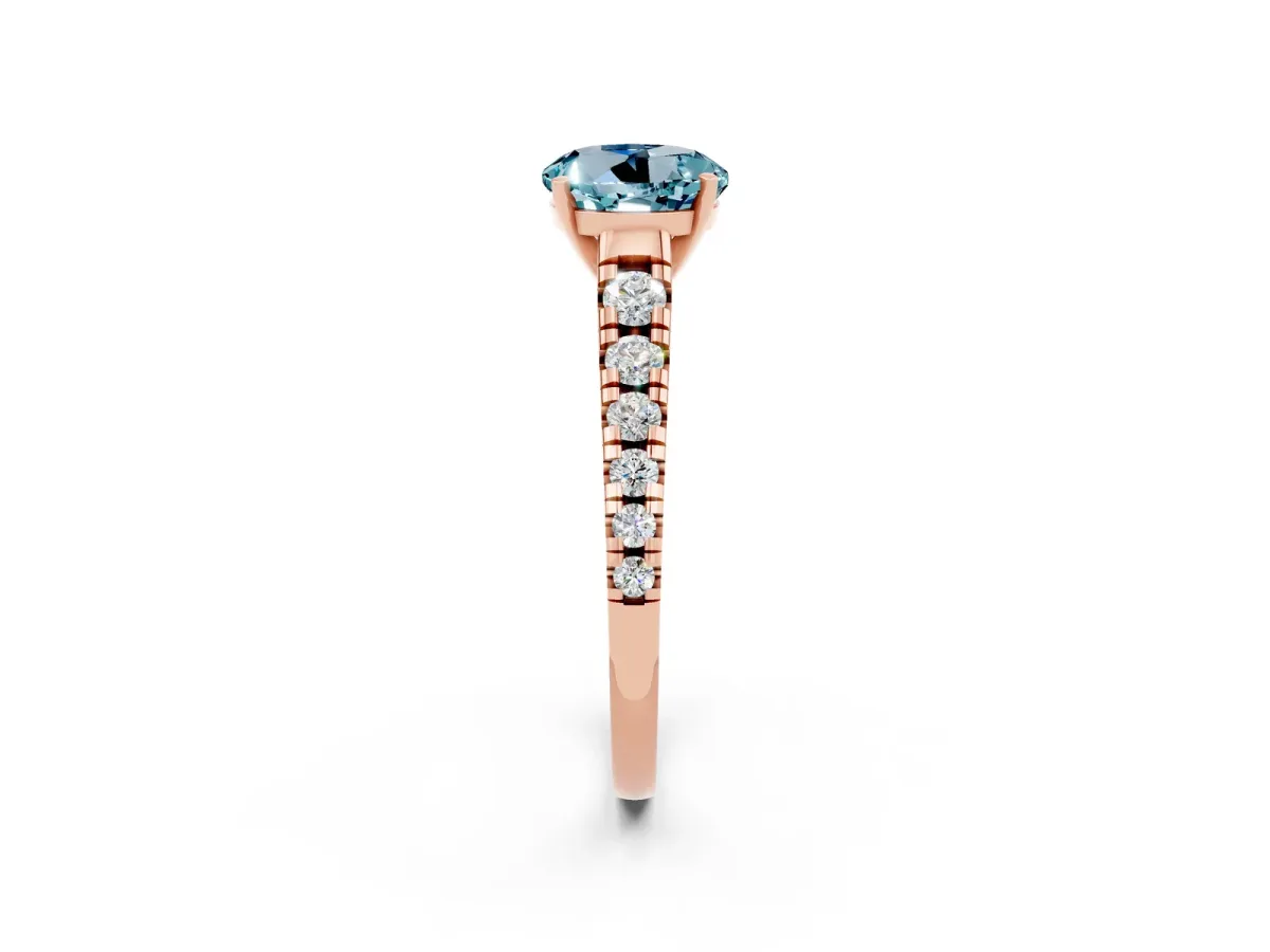 Round Cut Aquamarine Cathedral Solitaire Ring with Round Pavé Band Rose gold