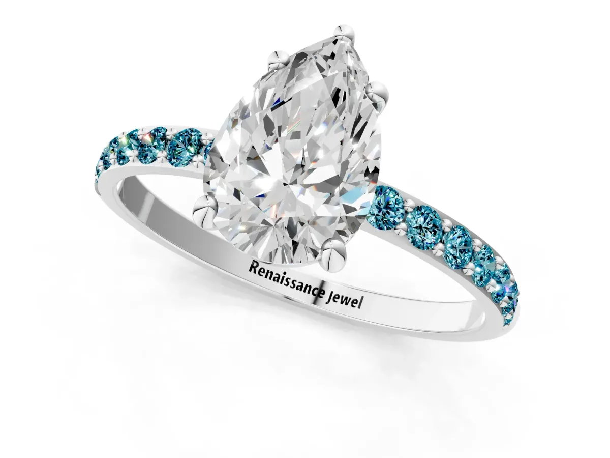 Pear Cut Diamond Solitaire Ring with Round Blue Topaz Pavé Band and Prong Setting Platinum