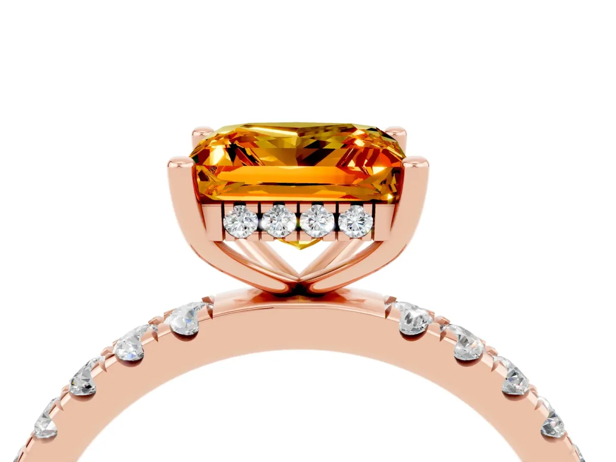 Princess Cut Citrine Pave Band Solitaire Ring with Round and Prong Setting Rose gold