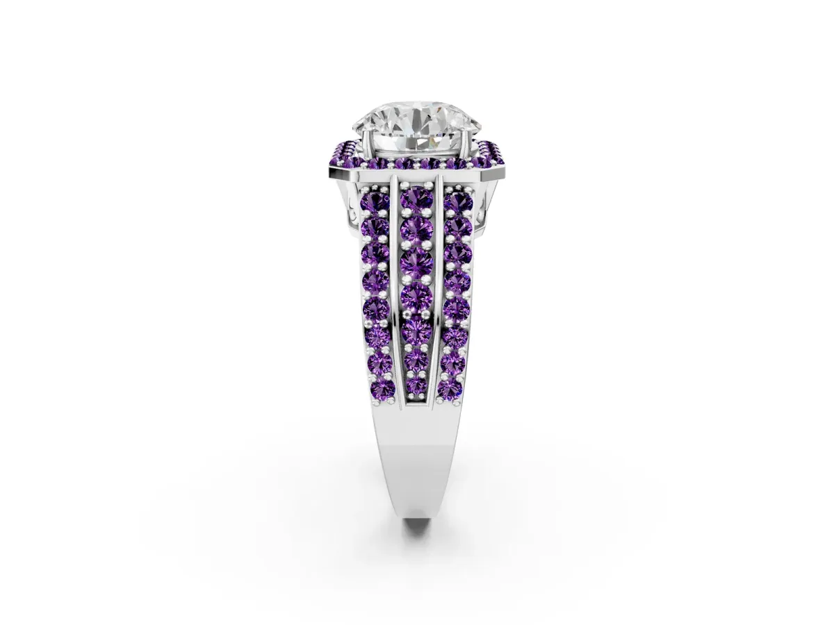 Round Cut Halo Diamond Ring with Round Amethyst Split Shank and Prong Setting Platinum