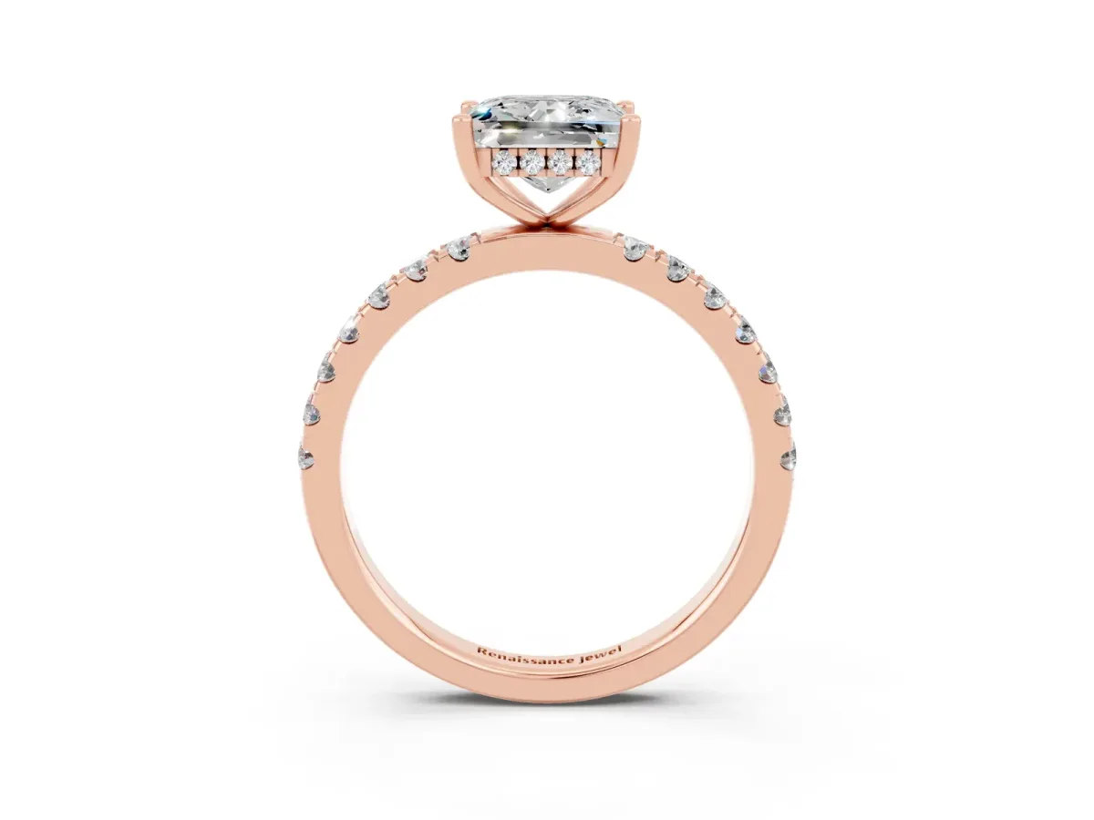 Princess Cut Moissanite Pave Band Solitaire Ring with Round and Prong Setting Rose gold