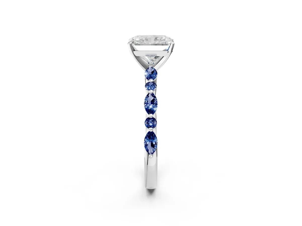 Radiant Cut Diamond Ring with Marquise and Round Blue Sapphire Side Stones and Four-Prong Setting Silver
