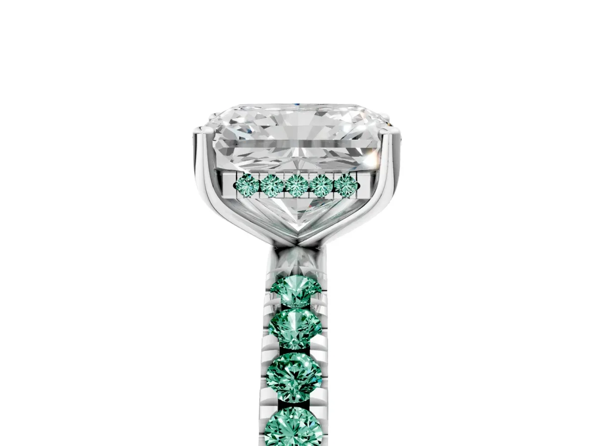 Radiant Cut Diamond Pave Band Solitaire Ring with Round Green Sapphire and Prong Setting Silver