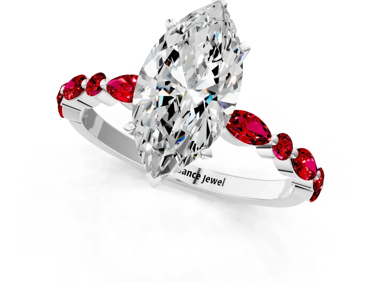 Marquise Cut Diamond Ring with Marquise and Round Ruby Side Stones and Four-Prong Setting White gold
