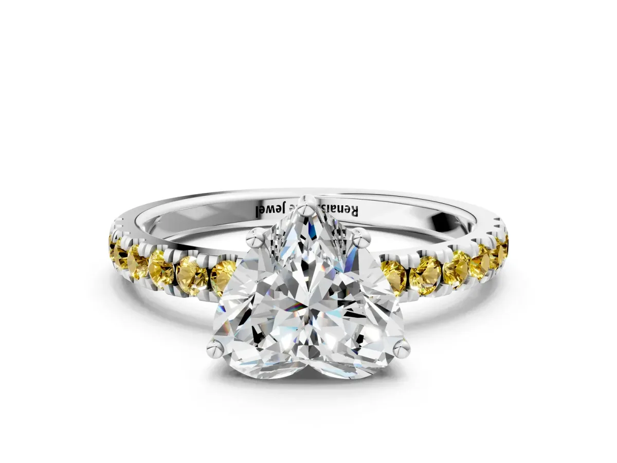 Heart Cut Diamond Pave Band Solitaire Ring with Round Yellow Sapphire and Prong Setting White gold