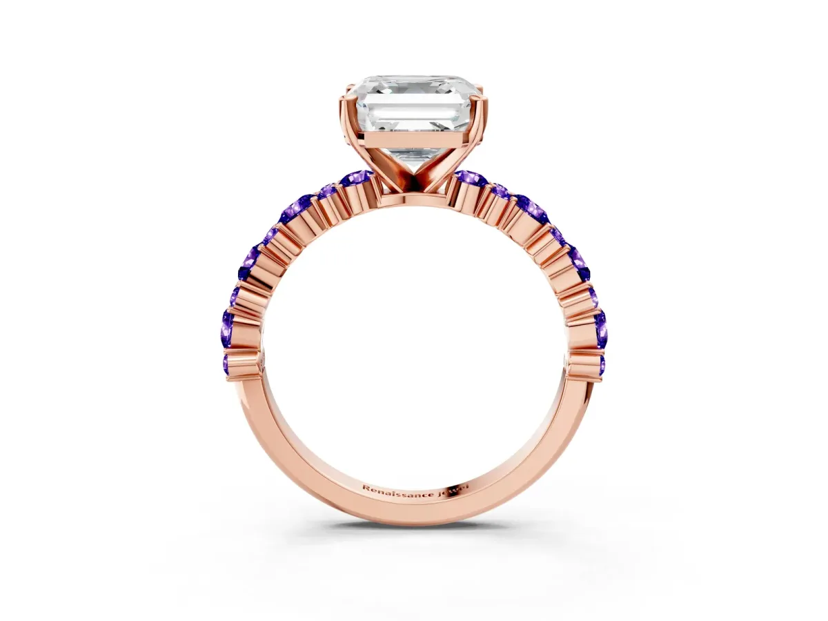 Asscher Cut Diamond Side Stone Solitaire Ring with Round Tanzanite and Four-Prong Setting Rose gold