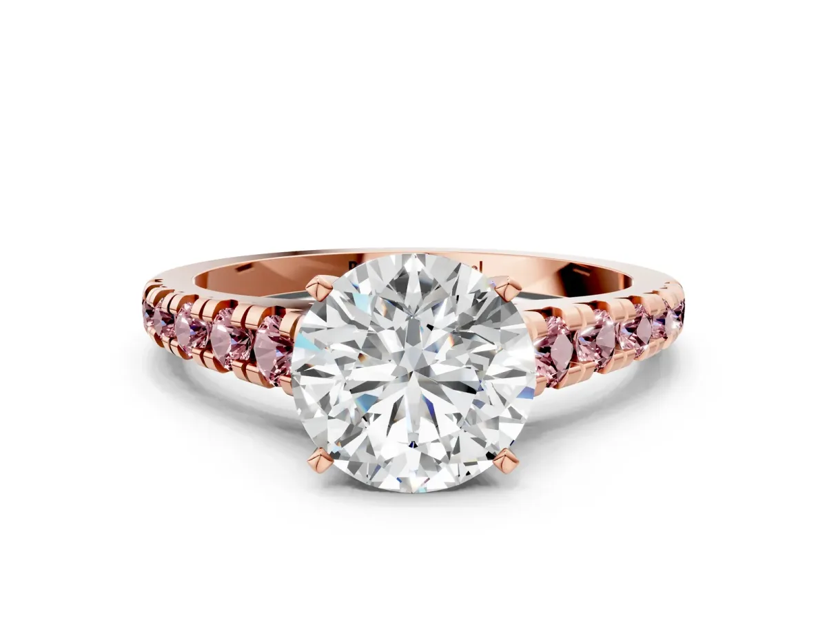 Round Cut Diamond Cathedral Solitaire Ring with Round Morganite Pavé Band Rose gold