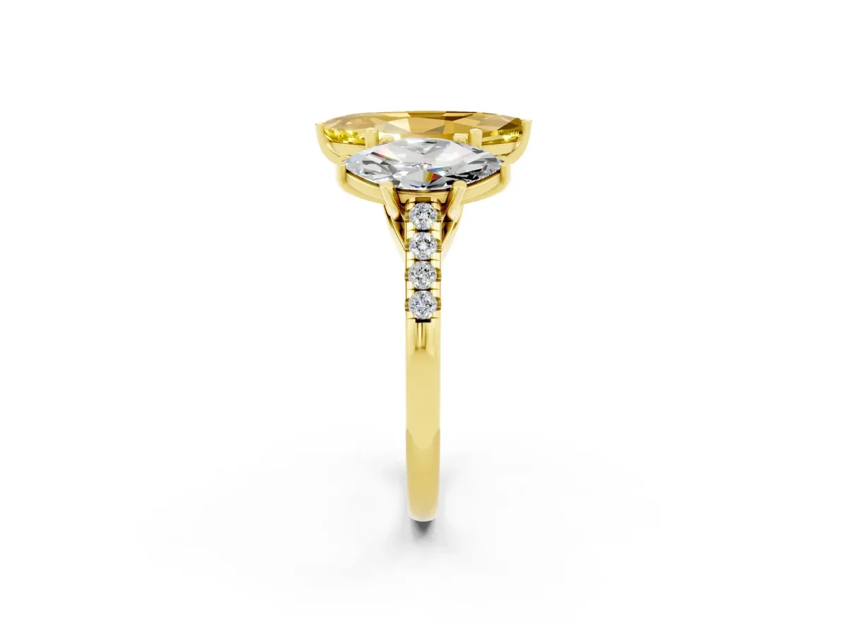 Three-Stone Marquise Cut Yellow Sapphire Ring with Round Pavé Band and Prong Setting Yellow gold