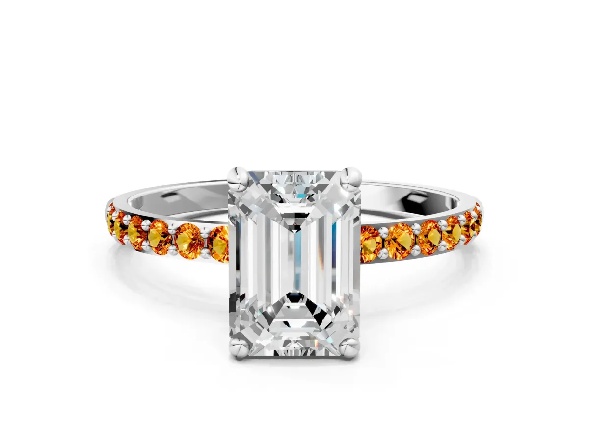 Emerald Cut Diamond Solitaire Ring with Round Citrine Pavé Band and Prong Setting Platinum