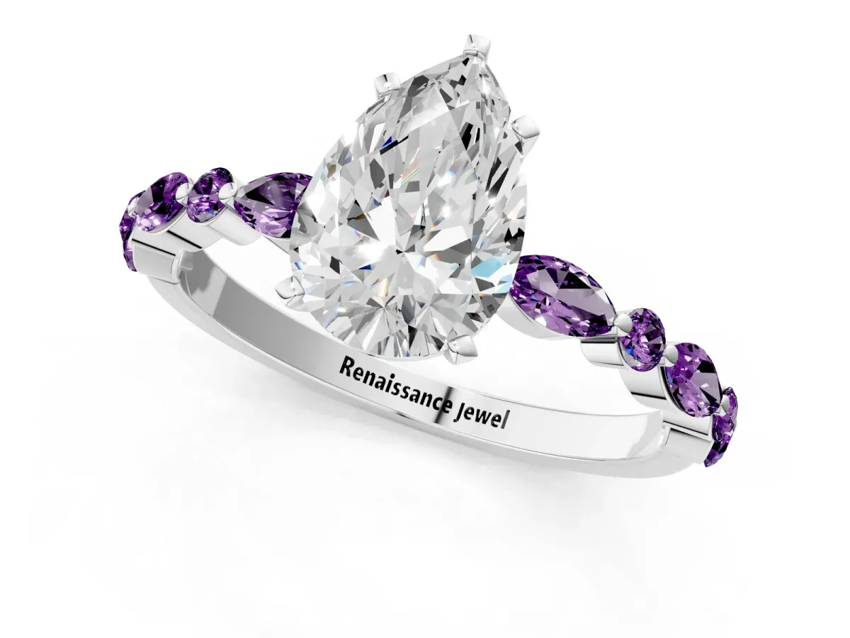 Pear Cut Diamond Ring with Marquise and Round Amethyst Side Stones and Four-Prong Setting Silver