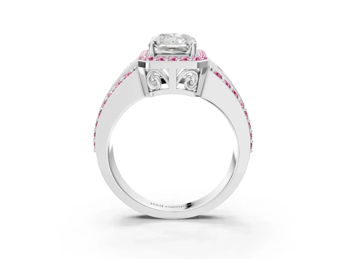Radiant Cut Halo Diamond Ring with Round Pink Sapphire Split Shank and Prong Setting Silver
